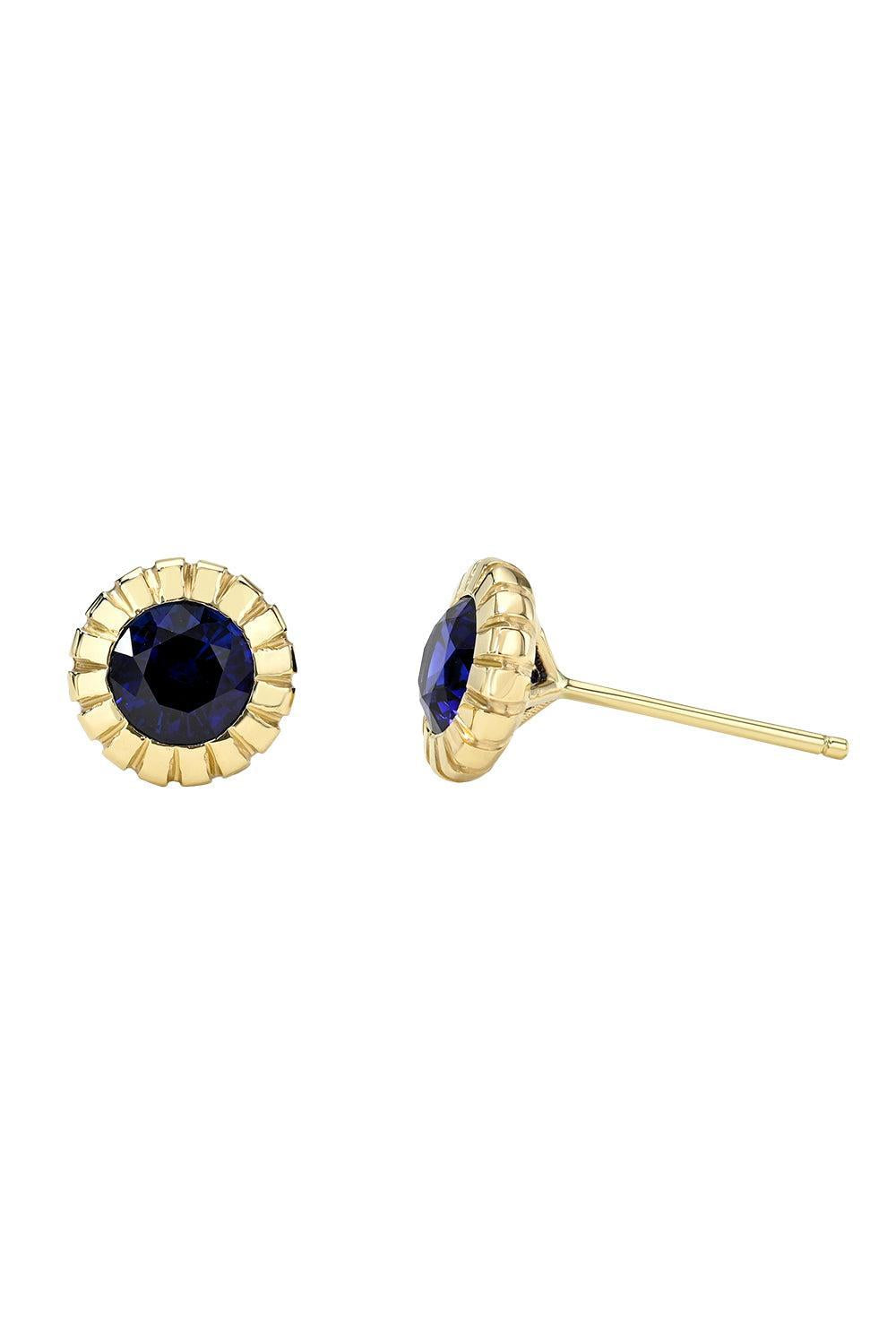 Blue Sapphire Round Bezel Heirloom Stud Earrings-YELLOW GOLD-JEWELRYFINE JEWELEARRING-RETROUVAI