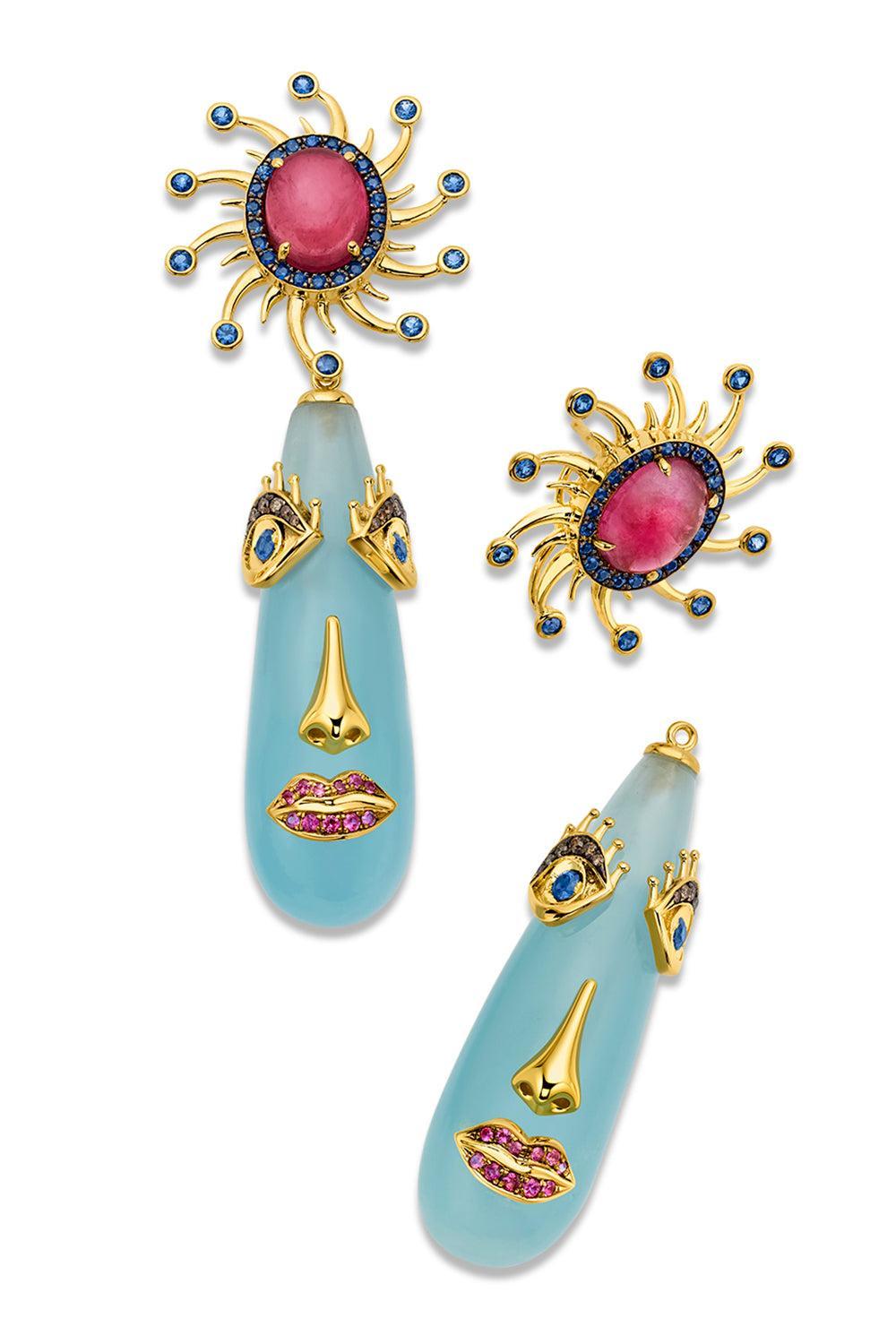 Aquamarine Mini Face Motif Drop Earrings-YELLOW GOLD-JEWELRYFINE JEWELEARRING-EDINA KISS