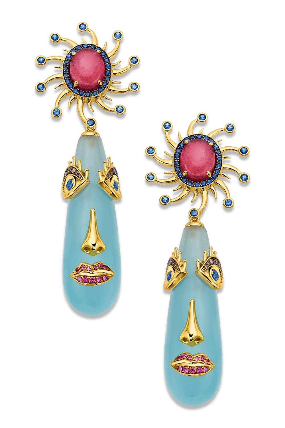 Aquamarine Mini Face Motif Drop Earrings-YELLOW GOLD-JEWELRYFINE JEWELEARRING-EDINA KISS