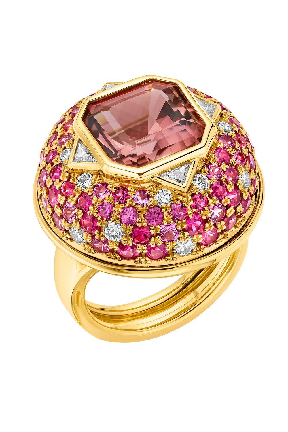 Pink Tourmaline Ruby Octagon Gemstone Ring-YELLOW GOLD-7-JEWELRYFINE JEWELRING-EDINA KISS