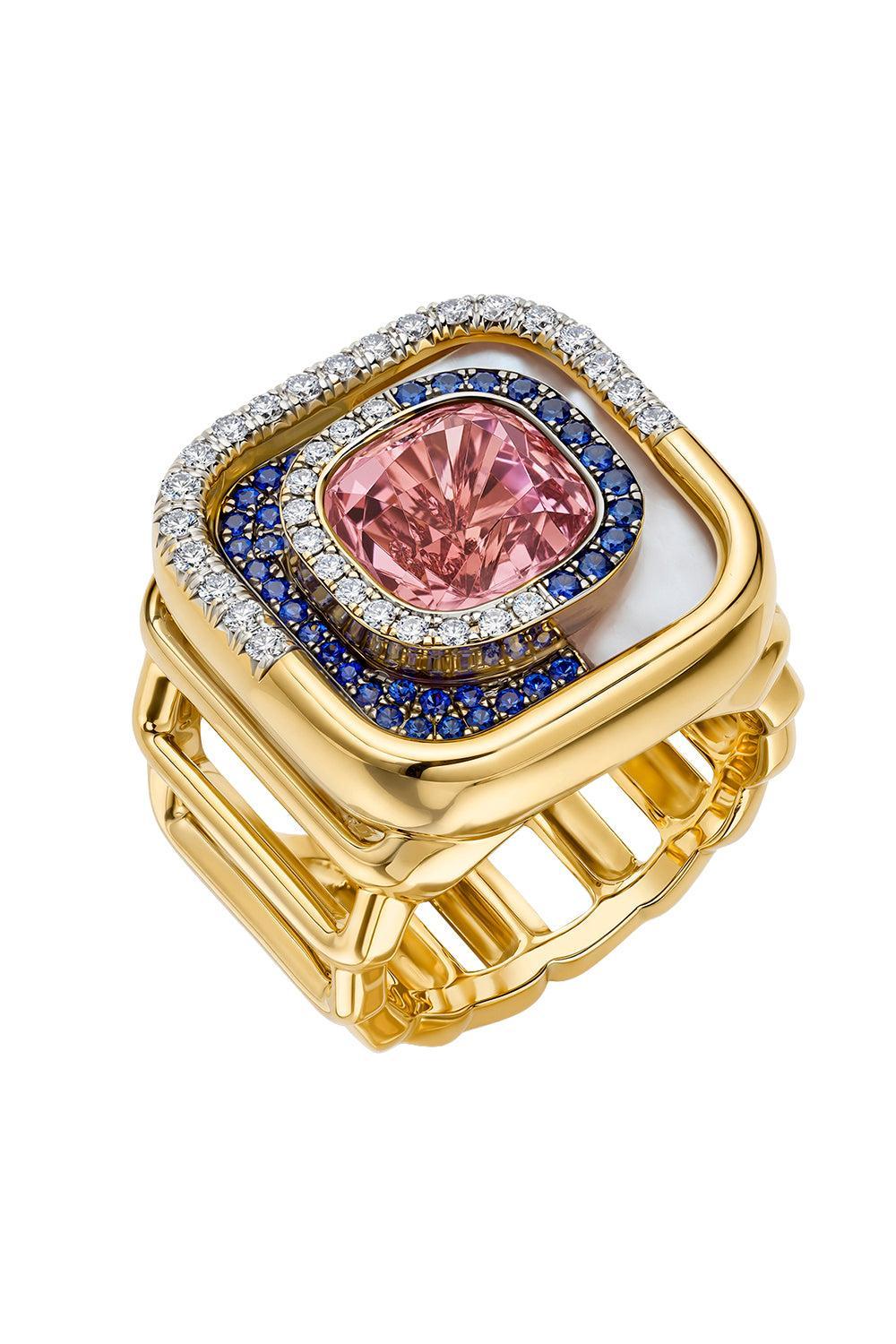 Pink Tourmaline Pearl Mid Century Ring-YELLOW GOLD-8-JEWELRYFINE JEWELRING-EDINA KISS