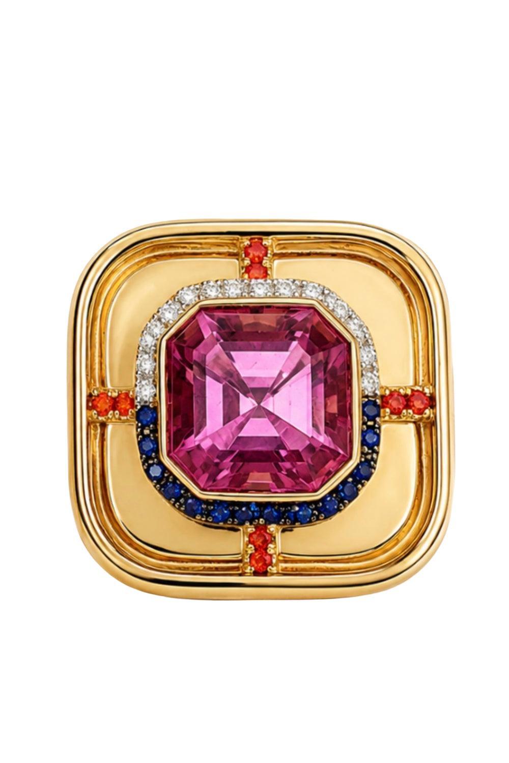 Diamond Pink Tourmaline Art Deco Ring-YELLOW GOLD-7-JEWELRYFINE JEWELRING-EDINA KISS