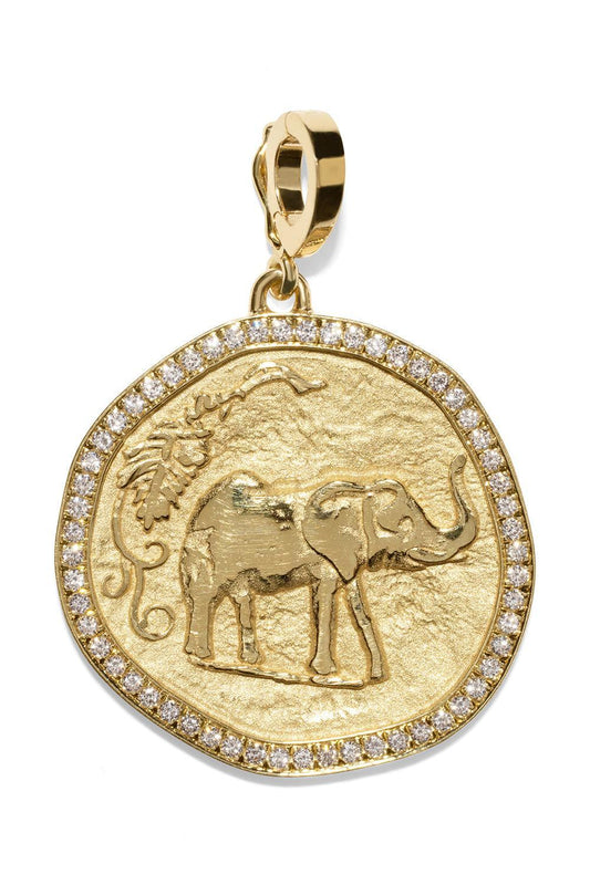 Diamond Border Elefante Large Coin Charm-YELLOW GOLD-JEWELRYFINE JEWELPENDANT-AZLEE