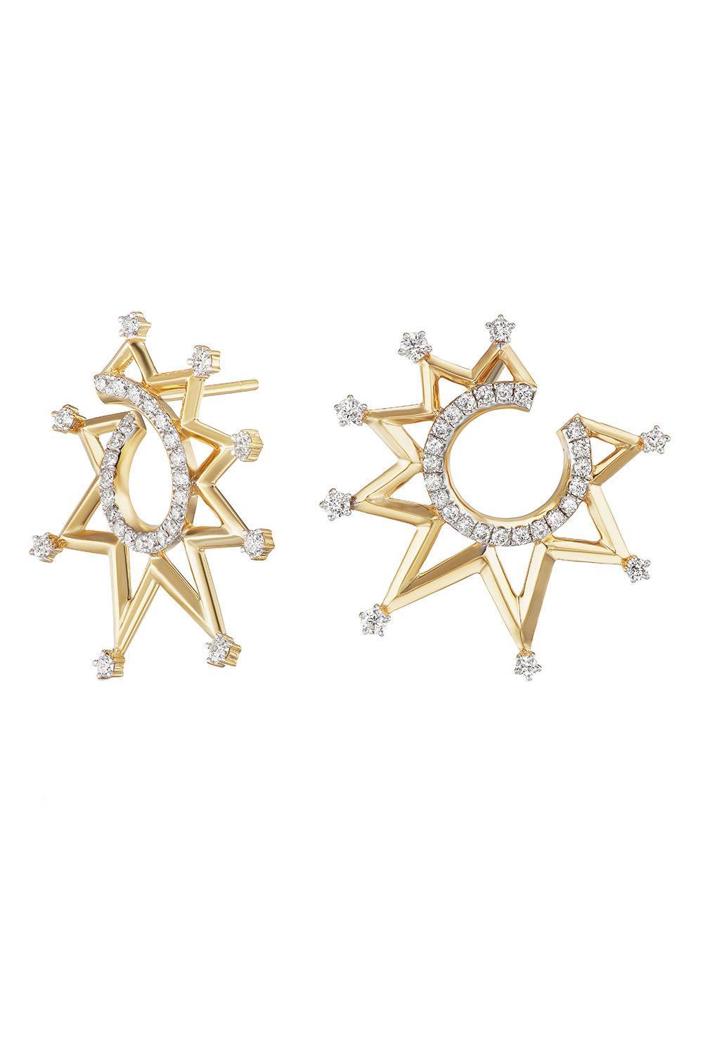 Diamond Starburst Crescent Earrings-YELLOW GOLD-JEWELRYFINE JEWELEARRING-SORELLINA