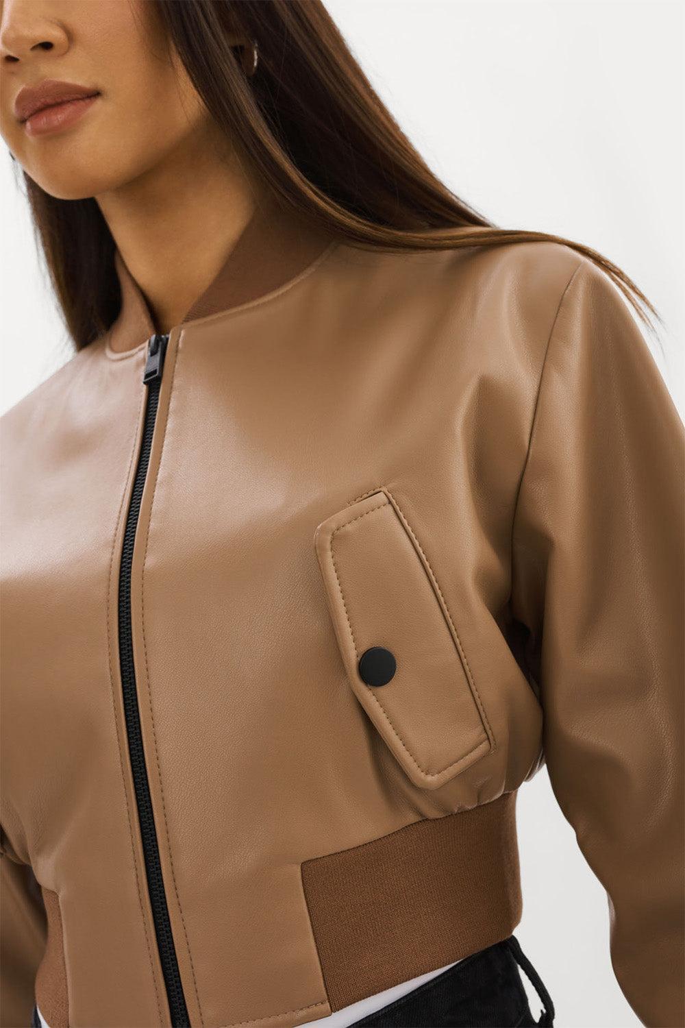 Evelin Crop Zip Jacket - Mocha-BROWN-XS-CLOTHINGJACKETCASUAL-LAMARQUE