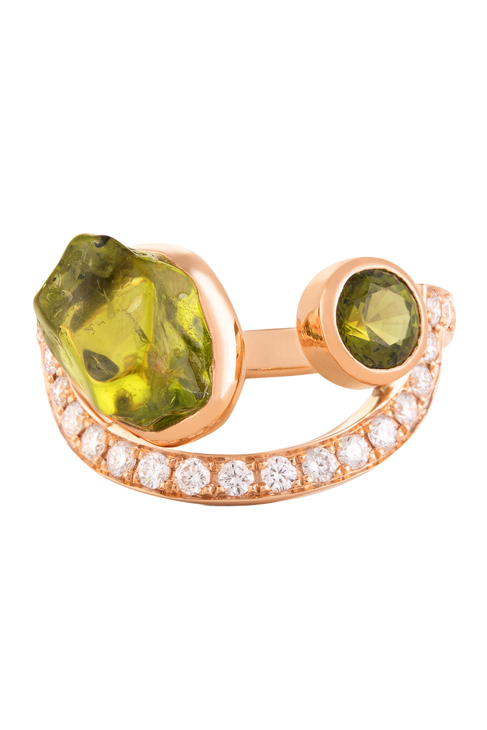 Diamond Peridot Tourmaline Embracing Half Moon Ring