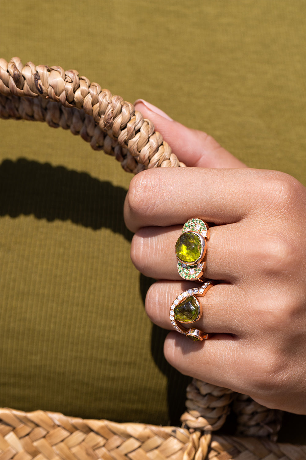 Diamond Peridot Tourmaline Embracing Half Moon Ring