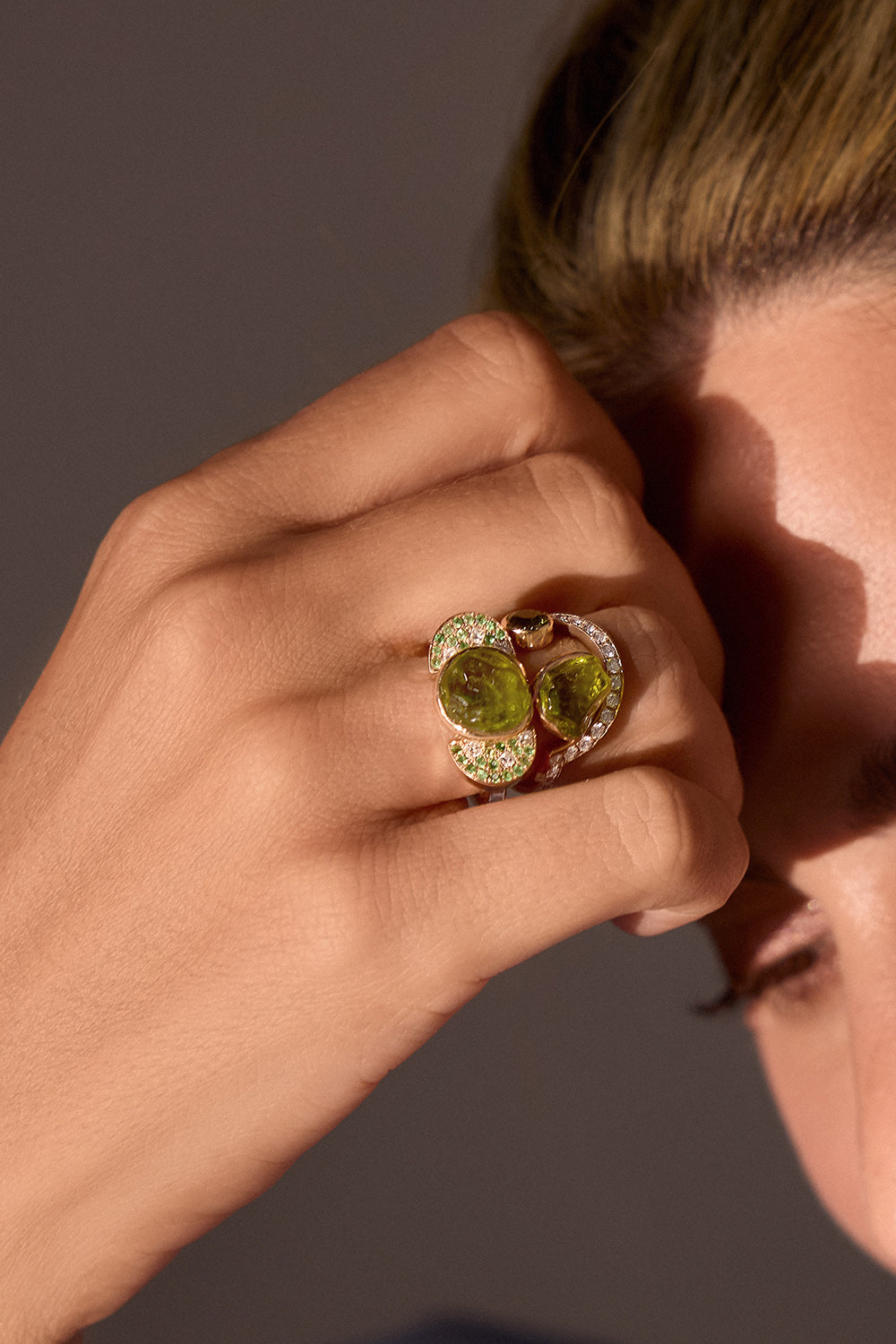 Diamond Peridot Tourmaline Embracing Half Moon Ring