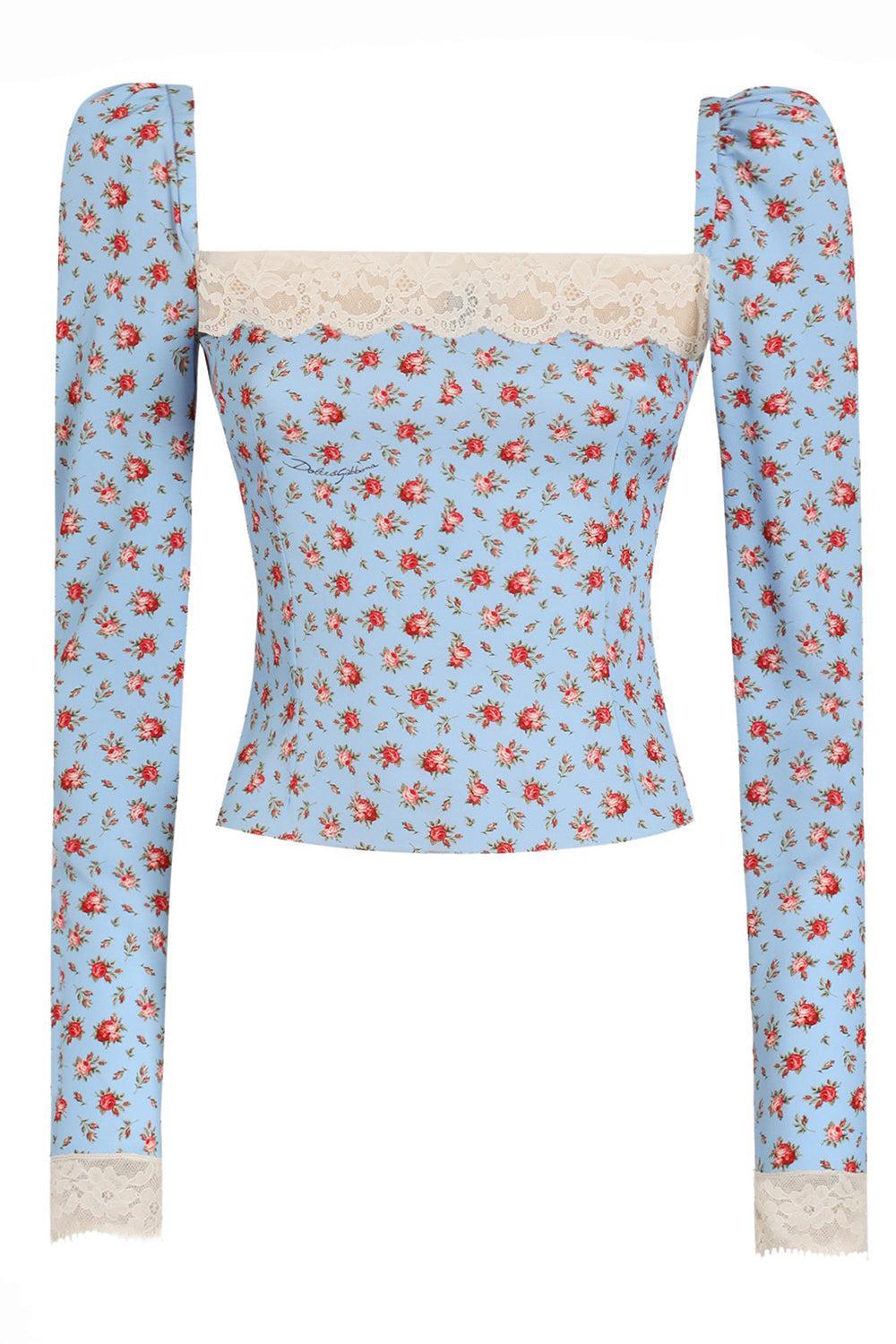 Slim Fit Floral Blouse-BLUE-38-CLOTHINGTOPBLOUSE-DOLCE & GABBANA