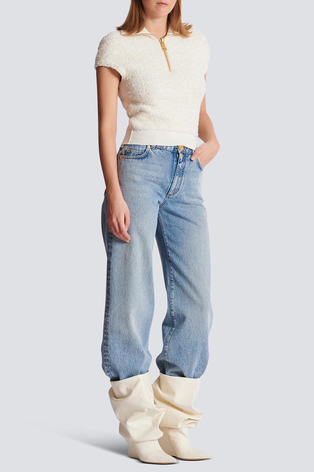 Short Sleeve Zip Knit Top-NATUREL-36-CLOTHINGTOPKNITS-BALMAIN