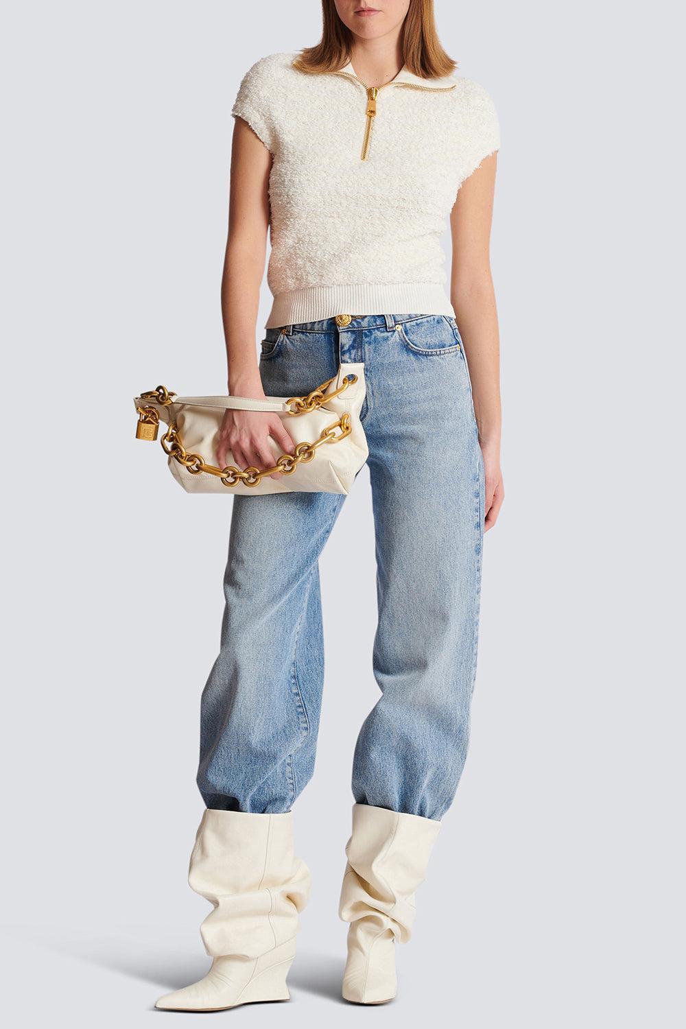 Short Sleeve Zip Knit Top-NATUREL-36-CLOTHINGTOPKNITS-BALMAIN