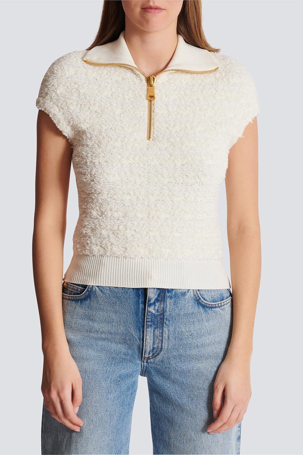 Short Sleeve Zip Knit Top-NATUREL-36-CLOTHINGTOPKNITS-BALMAIN
