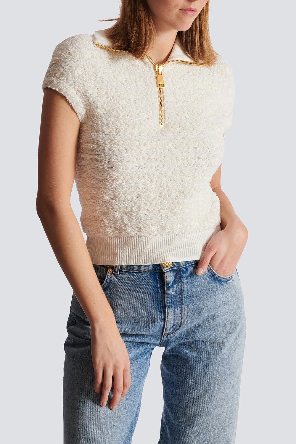 Short Sleeve Zip Knit Top-NATUREL-36-CLOTHINGTOPKNITS-BALMAIN