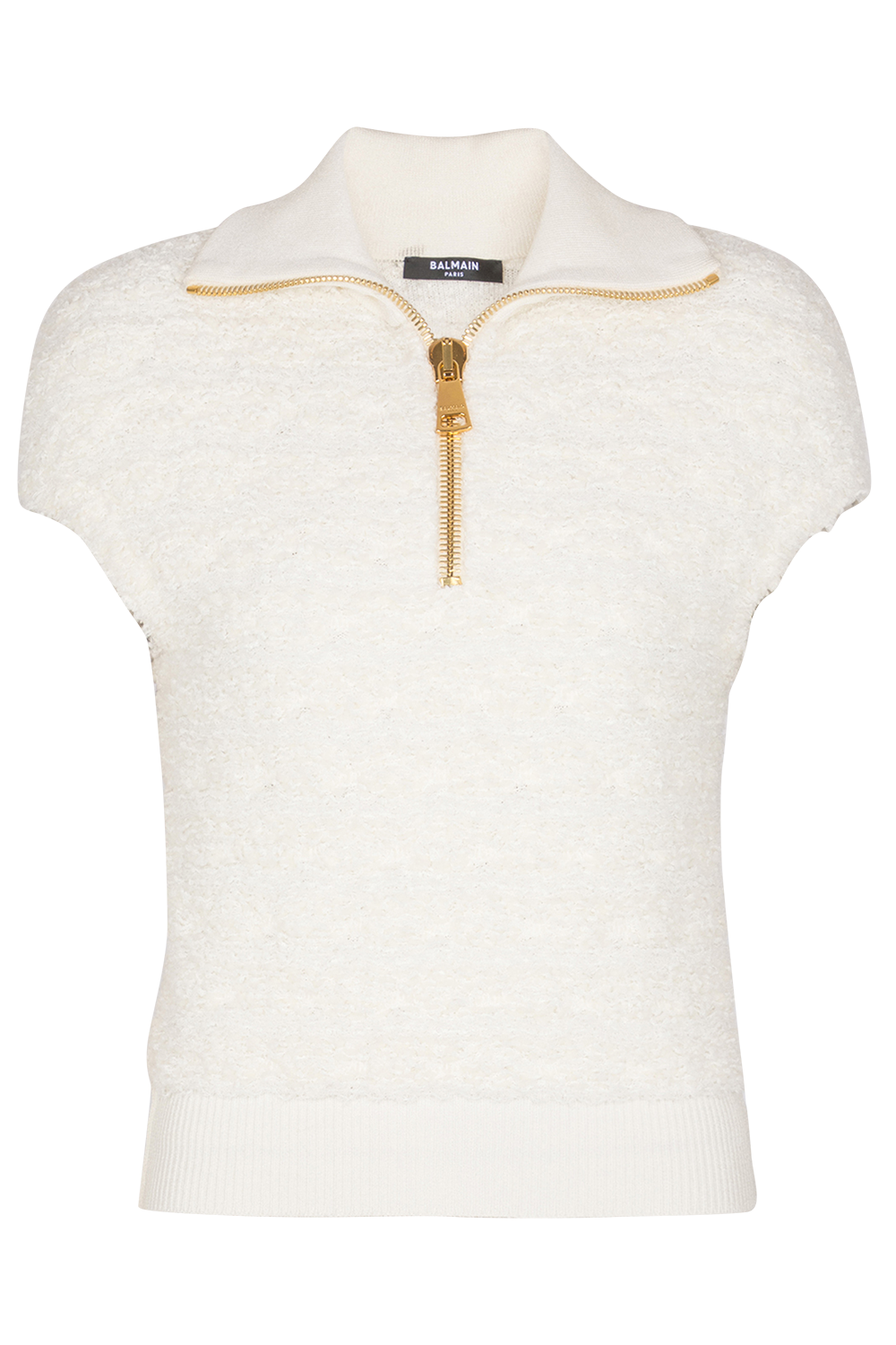 Short Sleeve Zip Knit Top-NATUREL-36-CLOTHINGTOPKNITS-BALMAIN
