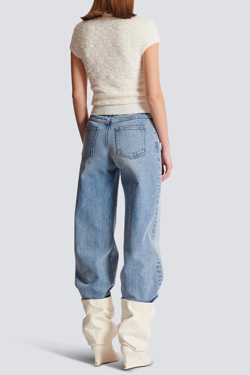 Short Sleeve Zip Knit Top-NATUREL-36-CLOTHINGTOPKNITS-BALMAIN