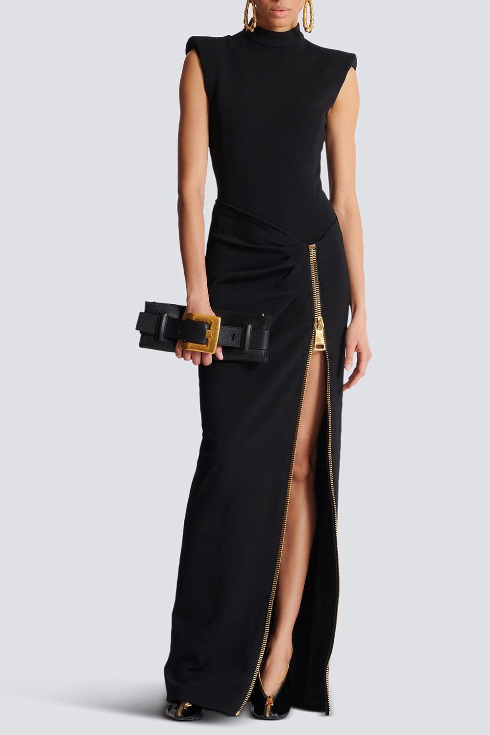 Zip Slit Dress-NOIR-36-CLOTHINGDRESSCOCKTAIL-BALMAIN