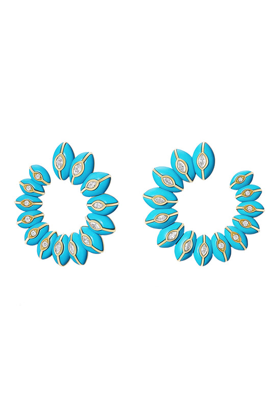 Turquoise Diamond Bloom Crescent Hoop Earrings