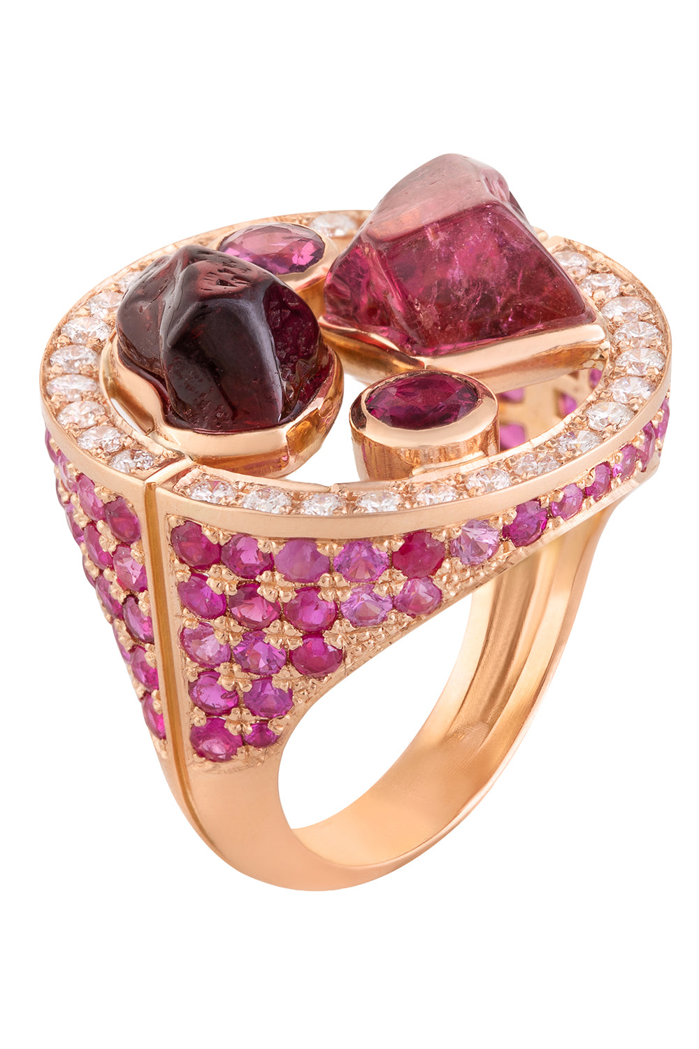 Pink Sapphire Diamond Garnet Full Moon Halo Ring