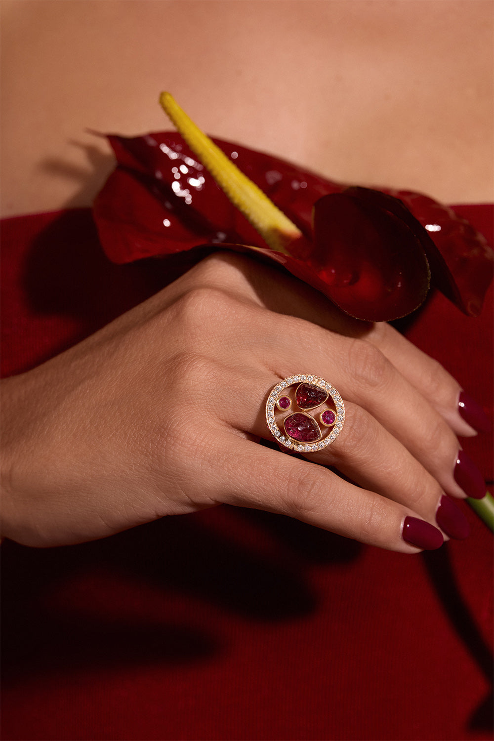 Pink Sapphire Diamond Garnet Full Moon Halo Ring