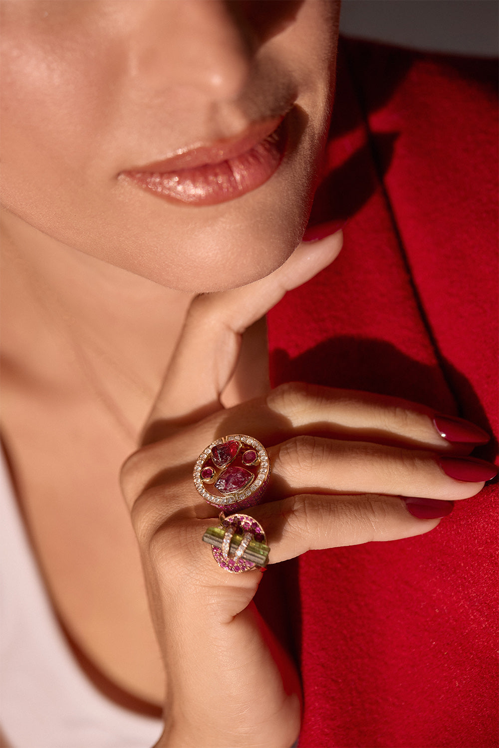 Pink Sapphire Diamond Garnet Full Moon Halo Ring