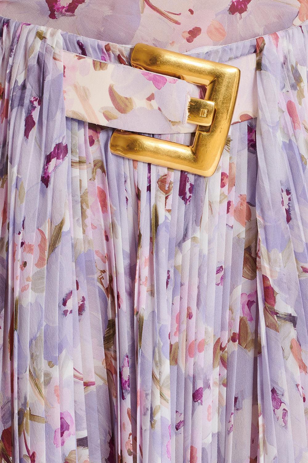 Belted Flower Print Skirt-BLNVIOMR-36-CLOTHINGSKIRTMIDI-BALMAIN