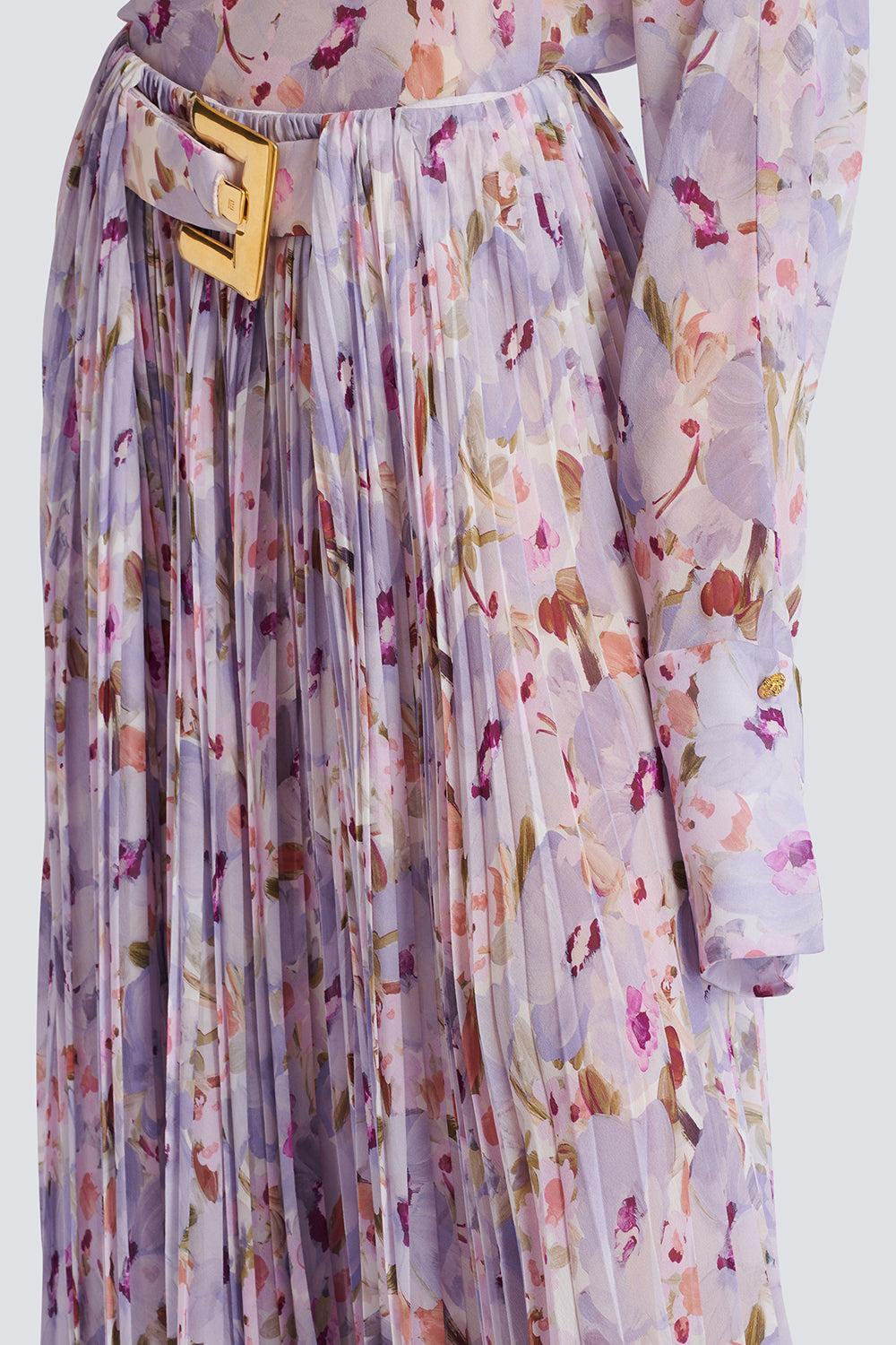 Belted Flower Print Skirt-BLNVIOMR-36-CLOTHINGSKIRTMIDI-BALMAIN