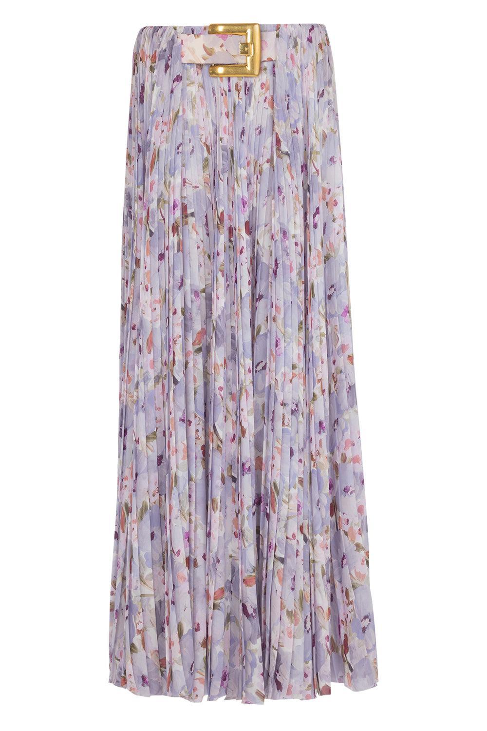 Belted Flower Print Skirt-BLNVIOMR-36-CLOTHINGSKIRTMIDI-BALMAIN