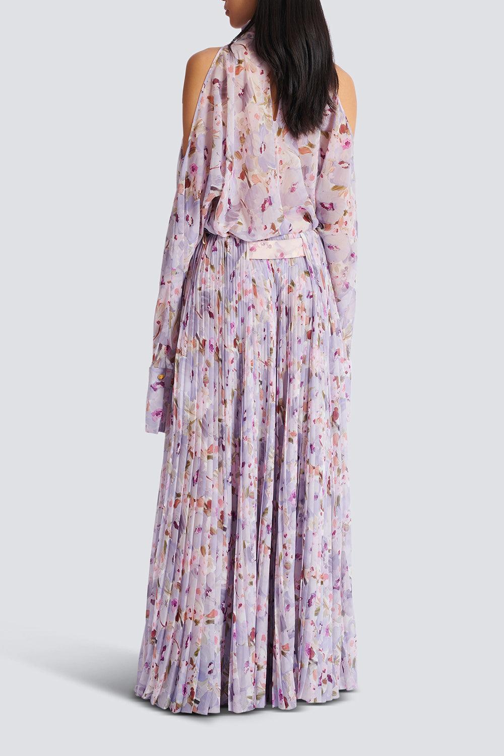 Belted Flower Print Skirt-BLNVIOMR-36-CLOTHINGSKIRTMIDI-BALMAIN