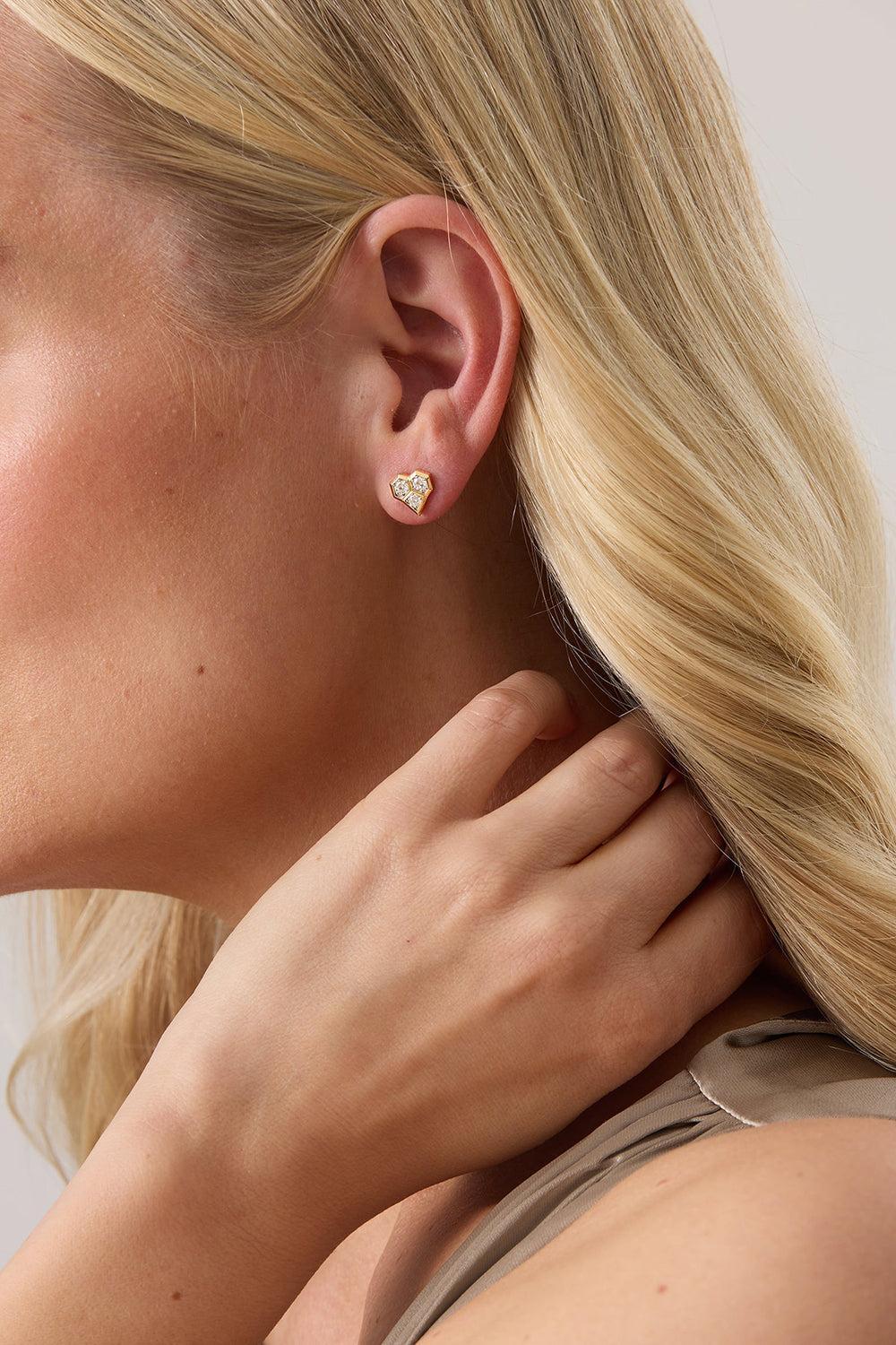 Diamond Honey Comb Heart Stud Earrings-YELLOW GOLD-JEWELRYFINE JEWELEARRING-SARA WEINSTOCK