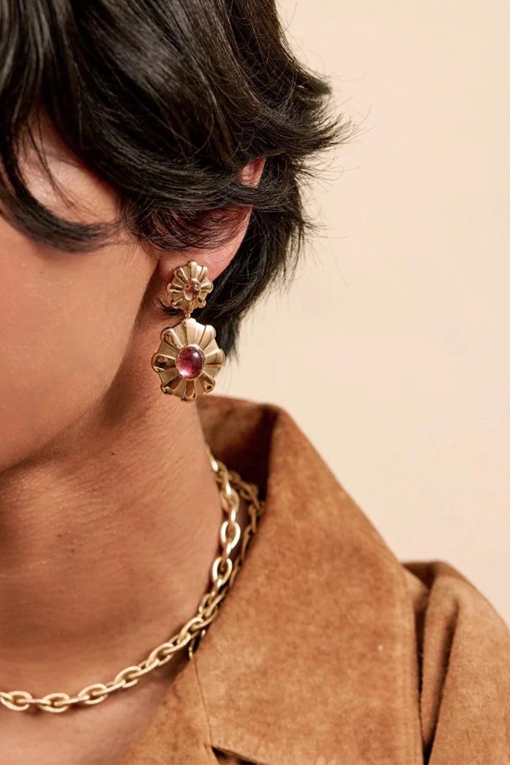 Pink Tourmaline Peace Flower Earrings-YELLOW GOLD-JEWELRYFINE JEWELEARRING-SORELLINA