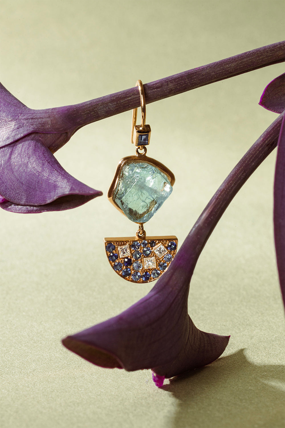 Sapphire Diamond Aquamarine Half Moon Drop Earrings