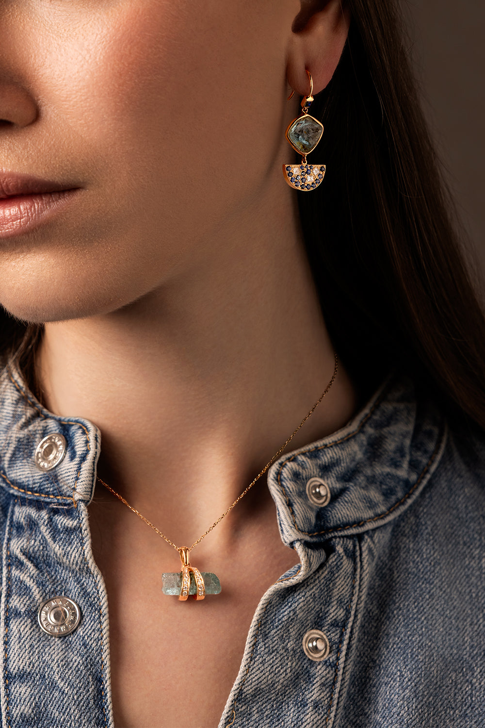 Sapphire Diamond Aquamarine Half Moon Drop Earrings