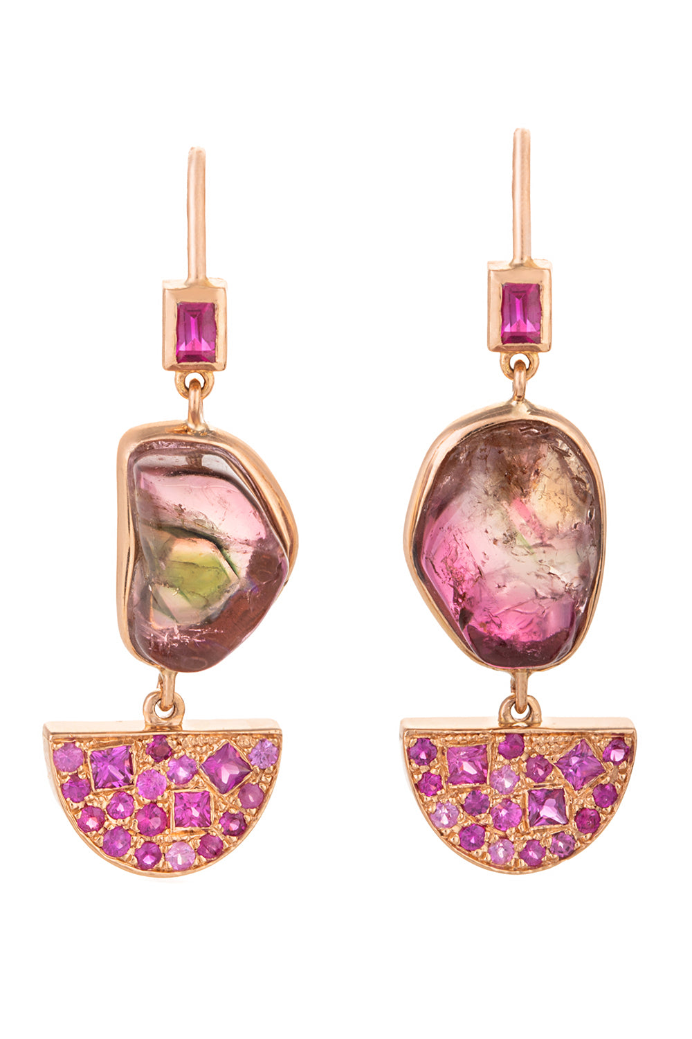 Pink Sapphire Watermelon Tourmaline Half Moon Drop Earrings