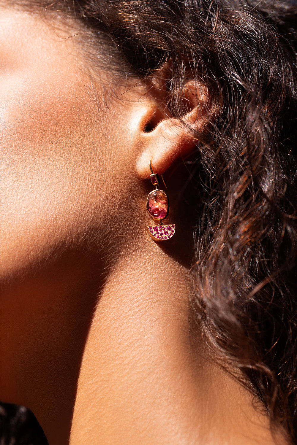 Pink Sapphire Watermelon Tourmaline Half Moon Drop Earrings