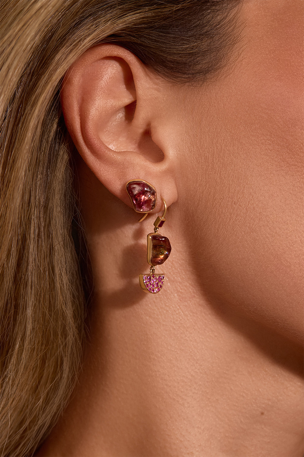 Pink Sapphire Watermelon Tourmaline Half Moon Drop Earrings