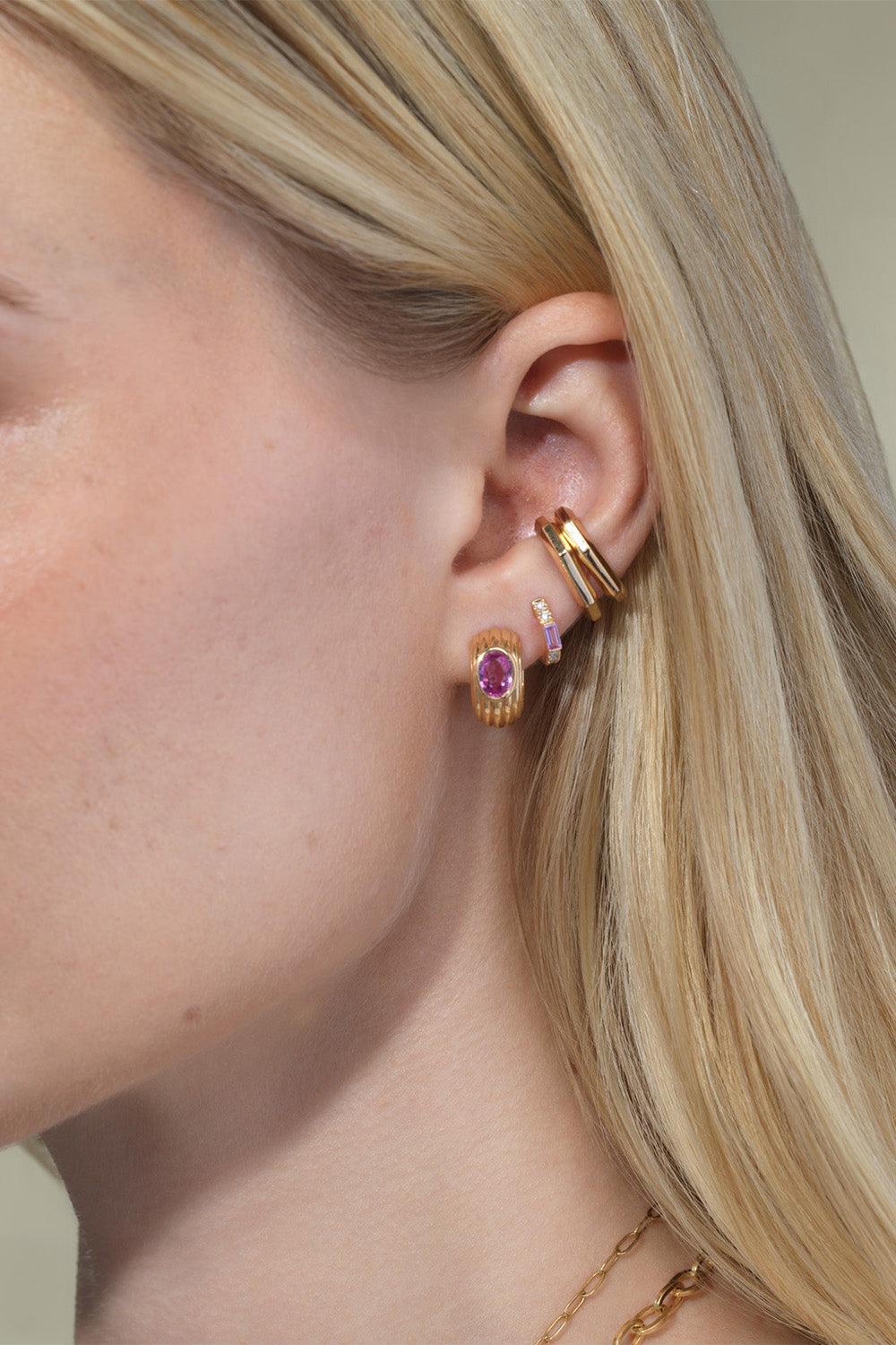 Pink Sapphire Nomad Gemstone Huggies Earrings-YELLOW GOLD-JEWELRYFINE JEWELEARRING-SORELLINA