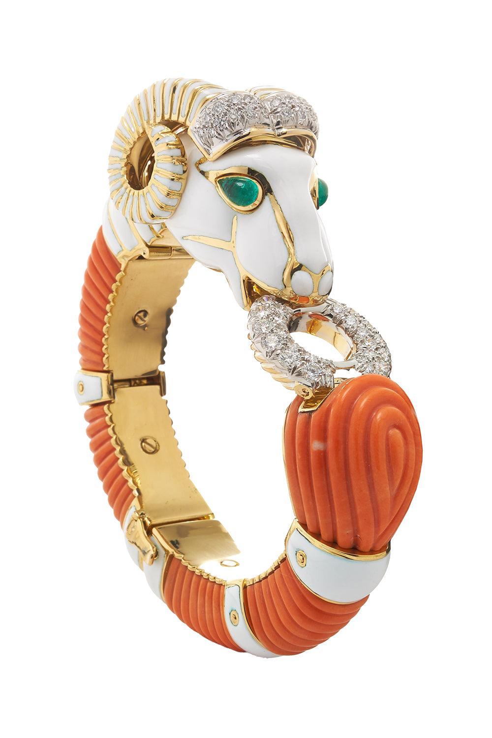 Emerald Coral White Ram Bracelet-YELLOW GOLD-JEWELRYFINE JEWELBRACELET O-DAVID WEBB