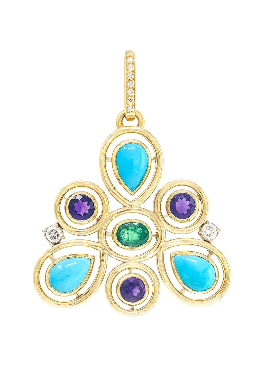 Turquoise Emerald Diamond Shadow Flower Pendant-YELLOW GOLD-JEWELRYFINE JEWELPENDANT-JENNA BLAKE