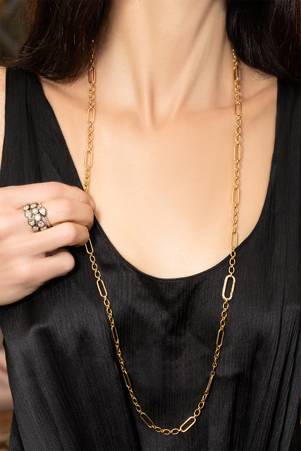 Diamond Pave Rectangular Chain Necklace-YELLOW GOLD-JEWELRYFINE JEWELNECKLACE O-JENNA BLAKE