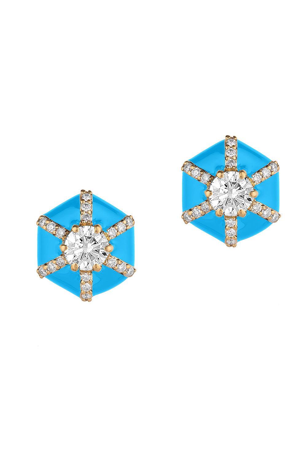 Diamond Blue Hexagon Queen Stud Earrings-YELLOW GOLD-JEWELRYFINE JEWELEARRING-GOSHWARA