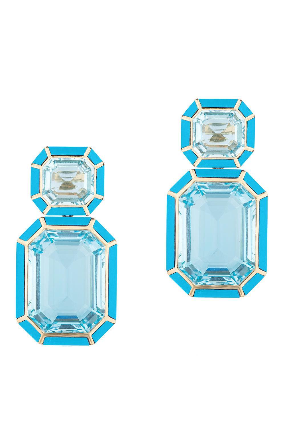 Blue Topaz Turquoise Double Drop Inlay Melange Earrings-YELLOW GOLD-JEWELRYFINE JEWELEARRING-GOSHWARA