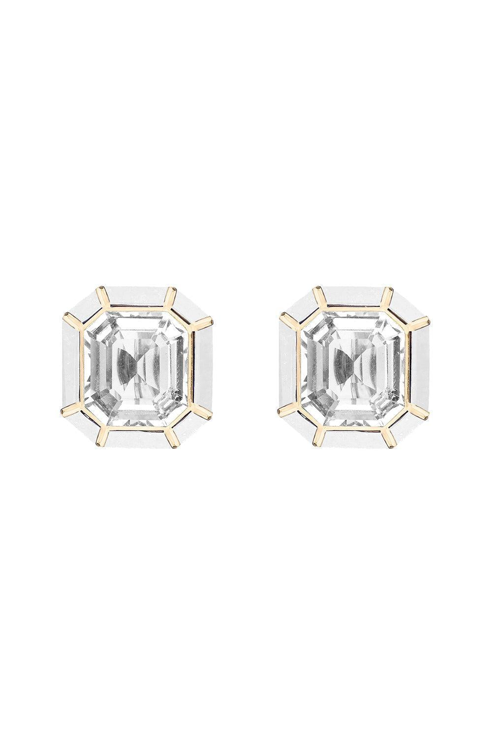 Rock Crystal White Agate Inlay Melange Stud Earrings-YELLOW GOLD-JEWELRYFINE JEWELEARRING-GOSHWARA