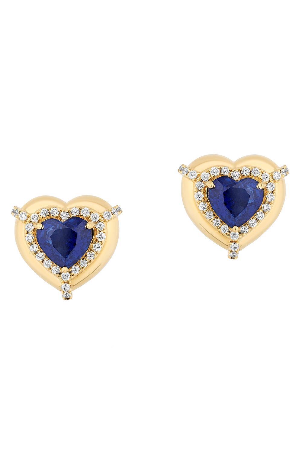 Blue Sapphire Heart Medallion G-One Stud Earrings-YELLOW GOLD-JEWELRYFINE JEWELEARRING-GOSHWARA