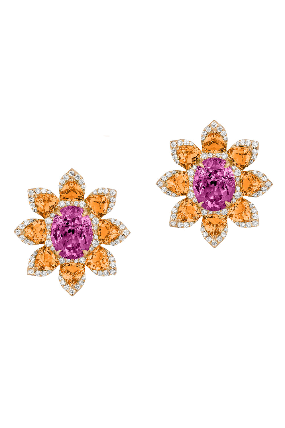 Mandarin Garnet Rubellite Diamond Flower Stud Earrings
