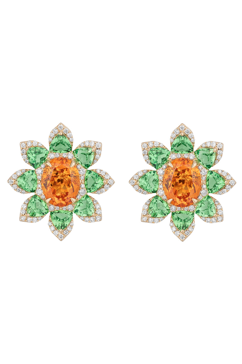 Mandarin Garnet Tsavorite Flower Stud Earrings