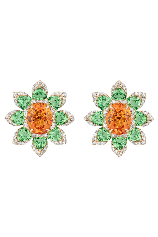 Mandarin Garnet Tsavorite Flower Stud Earrings
