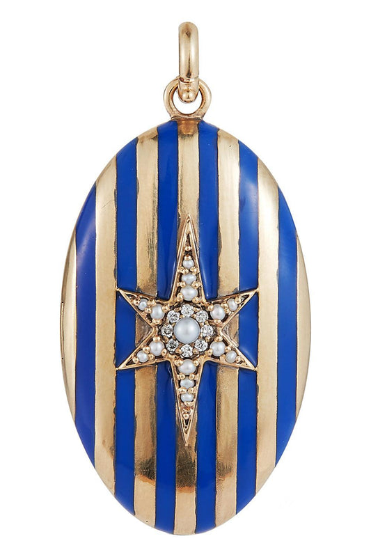 Diamond Pearl Blue Enamel Striped Lillian Locket-YELLOW GOLD-JEWELRYFINE JEWELPENDANT-STORROW