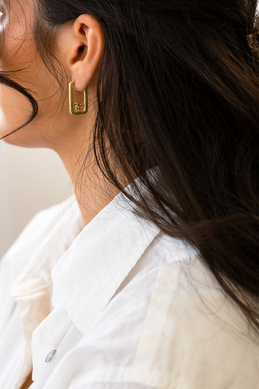 Diamond Flower Rectangle Hoop Earrings