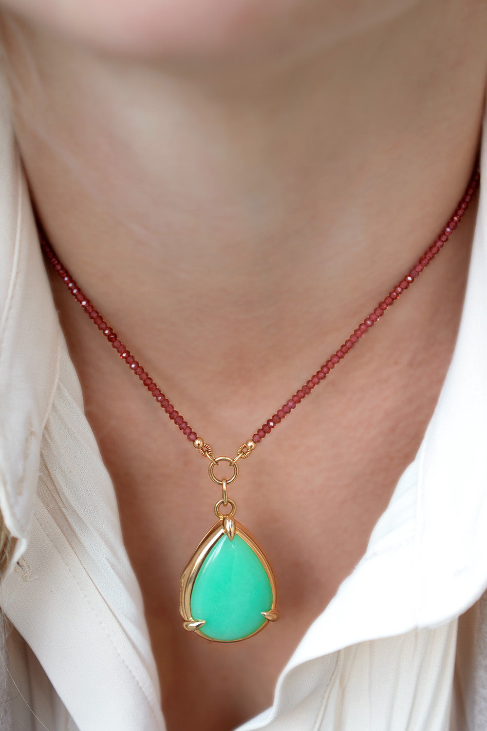 Garnet Chrysoprase Drop Locket Necklace