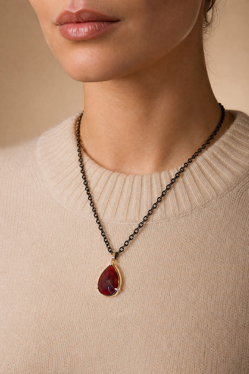Diamond Garnet Onyx Steel Drop Locket Necklace